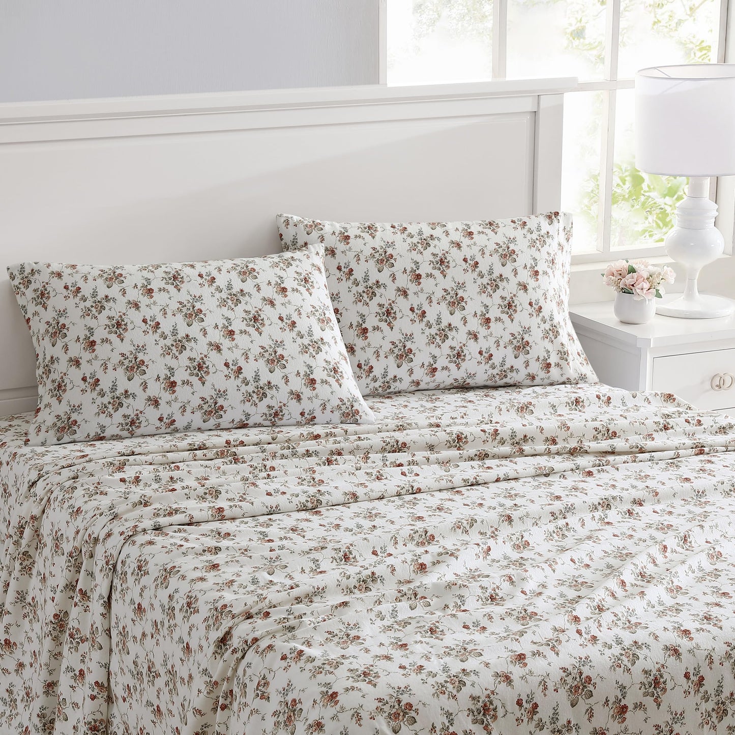 Laura Ashley - King Sheet Set, Cotton Flannel Bedding, Brushed for Extra Softness & Comfort (Le Fleur Orange, King)