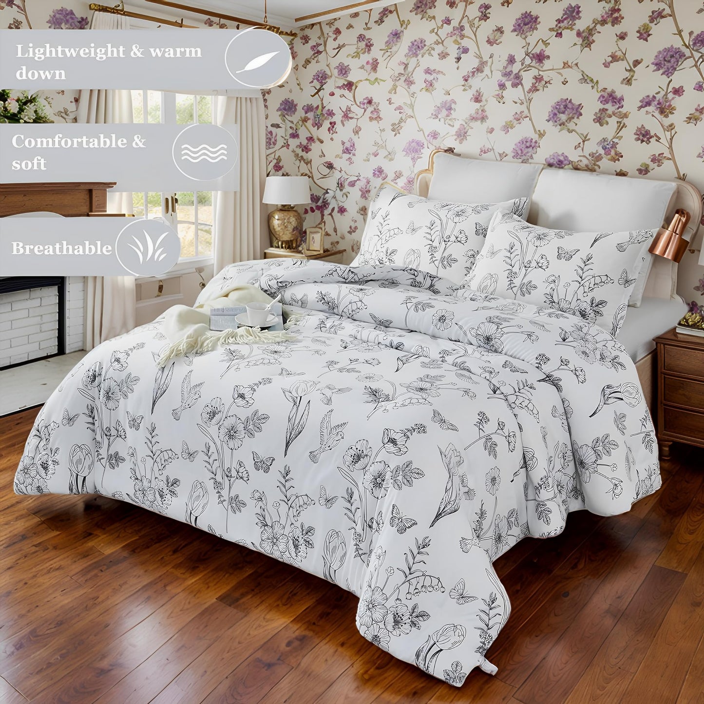 Usfivefam King Size White Floral Comforter Set with Butterfly & Bird Toile Patterns - 3 Piece Lightweight Soft Microfiber Botanical Print Quilt Set for All Seasons