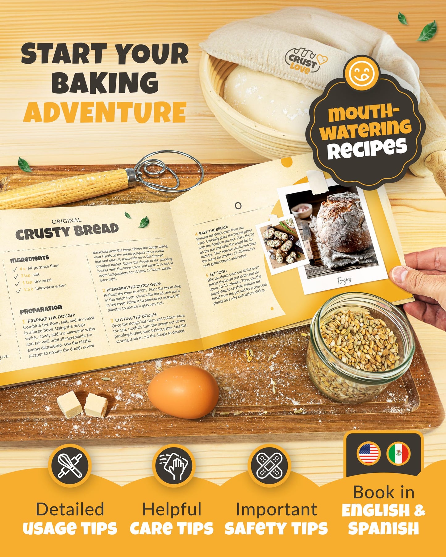 CRUSTLOVE Dutch Oven for Bread Baking - incl. Sourdough Bread-Baking Supplies like Banneton Bread-Proofing Basket - 5QT Enameled Cast Iron Bread-Oven with Lid, Bread-Pan Sour Dough Starter Kit