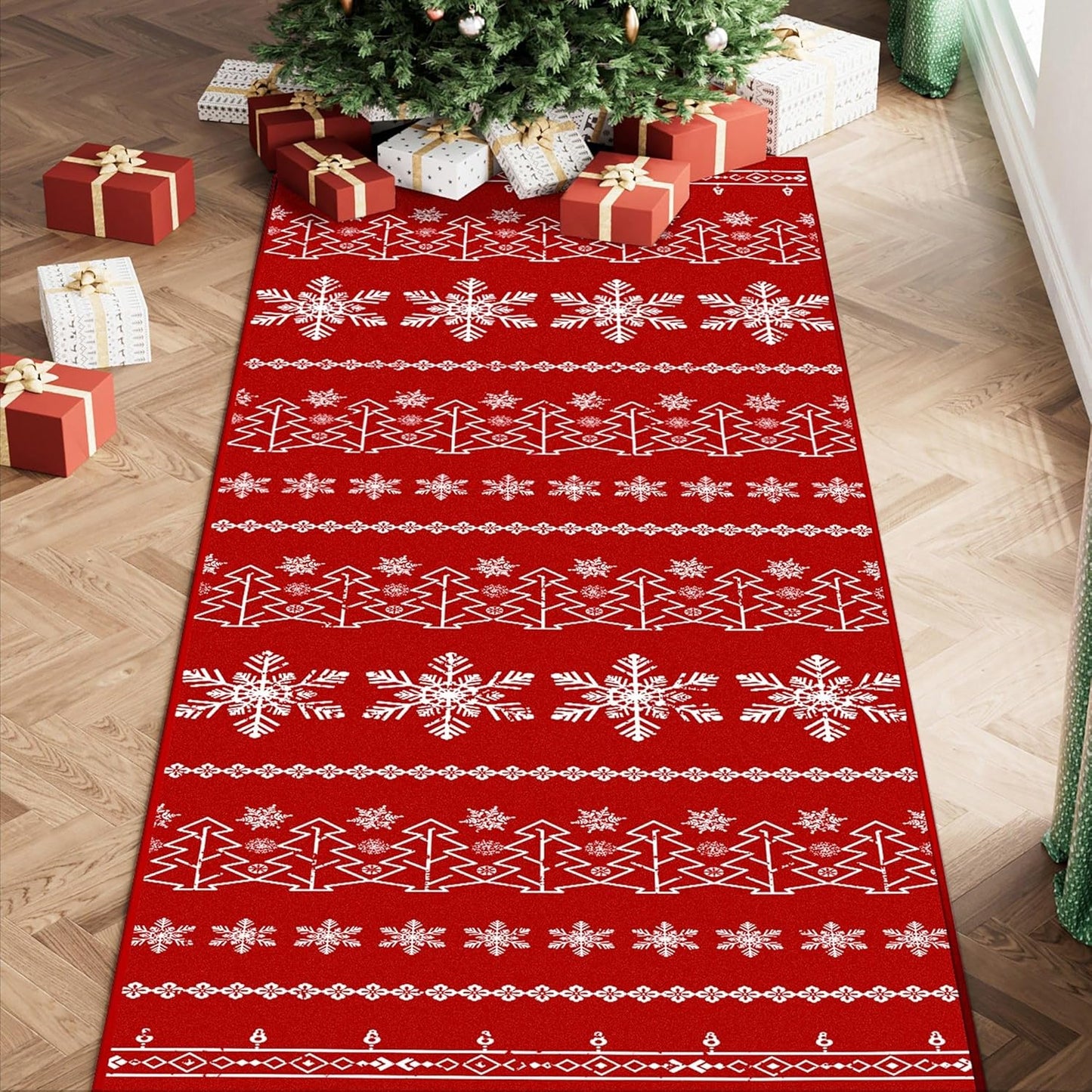 Christmas Runner Rug 3x10 Red Washable Carpet Xmas Snowflake Holiday Decor Kitchen Non Slip Soft Low Pile Long Carpet Indoor Throw Rug Laundry Room Living Room Bedroom Dining Room