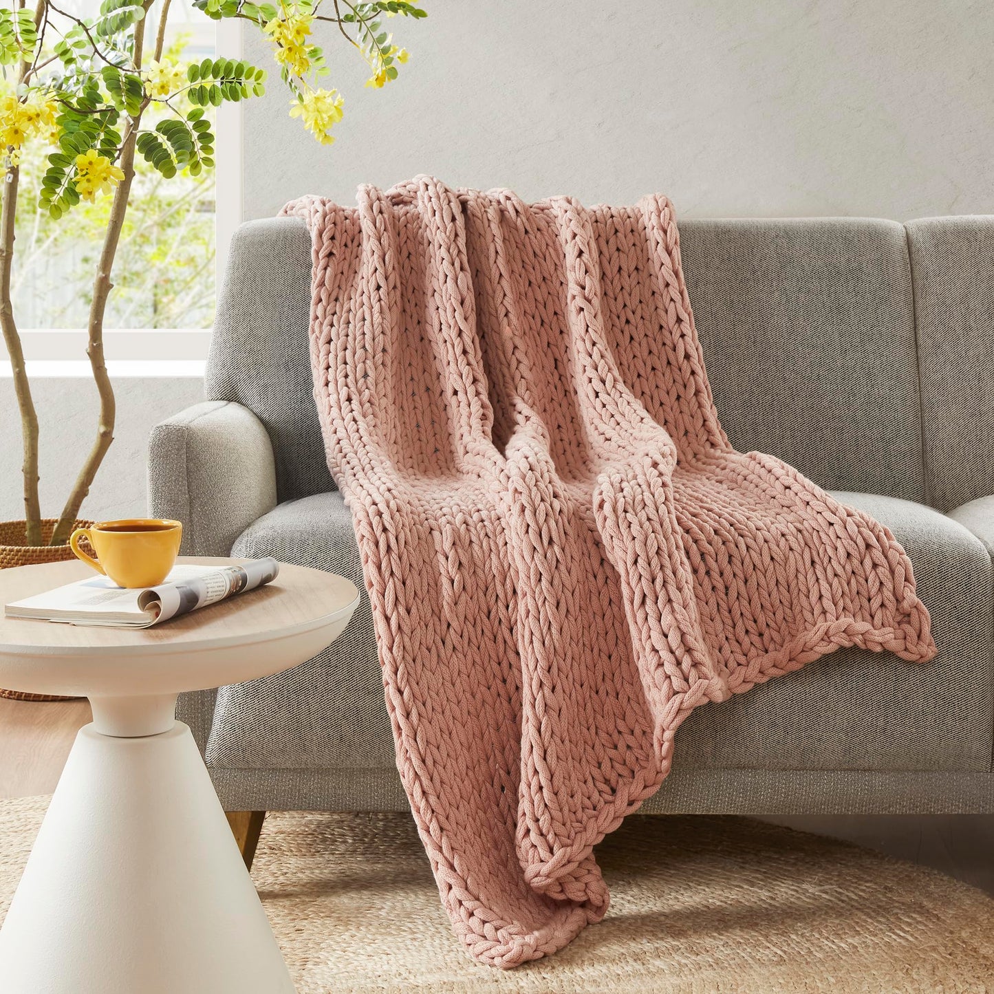 Madison Park Boho Throw Blanket, Soft Handmade Gift Home Decor, Lightweight & Breathable All Seasons Chunky Knit Throw, 50"x60" Blush