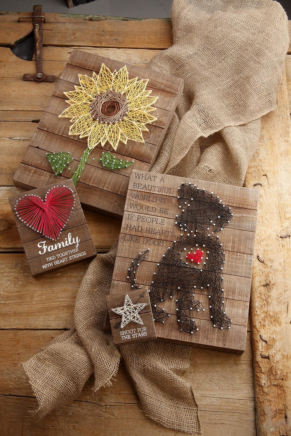 Family Tied Together Distressed Wood Sign - Hand-Strung Heart Wall Art & Desk Decor