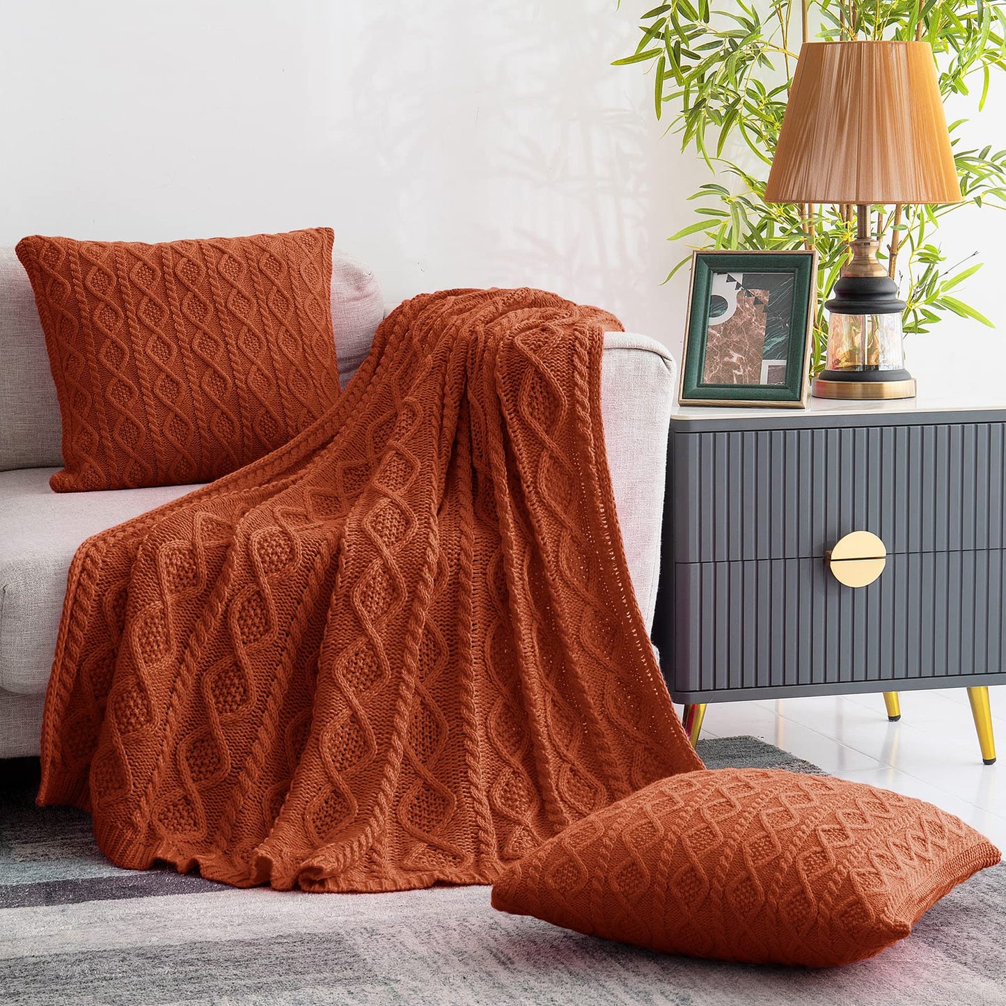 Homiest Cable Knit Throw Blanket and Pillow Set, Rust Throw Blanket Set of 3, Knitted Throw Blanket (50"x60") & 2 Pillow Covers (18"x18"), Soft & Cozy Decorative Throw Blanket for Couch Bed Sofa