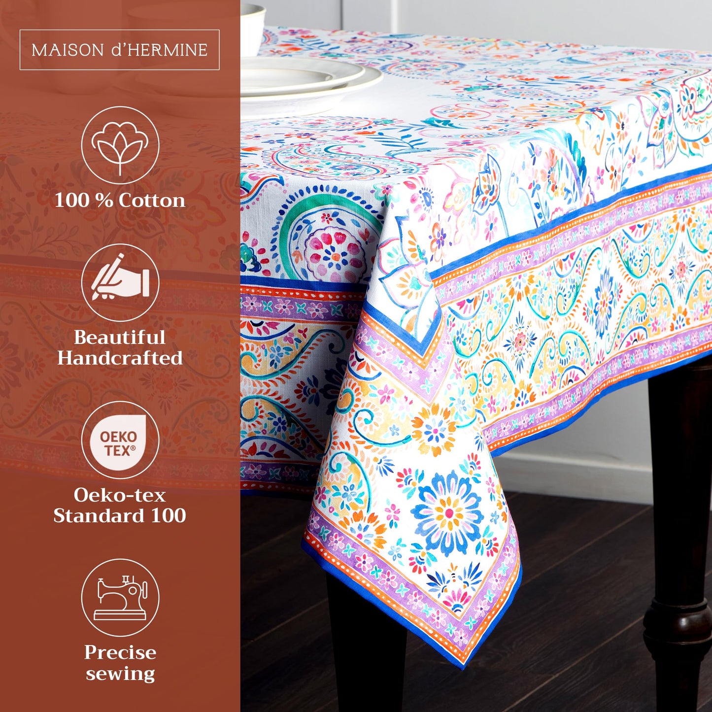 Maison d' Hermine Table Cloth Rectangle Table 100% Cotton 60 x 120 Inches Tablecloth Reusable Decorative for Dining Kitchen Room Farmhouse Home Gifts for Mothers Day Spring Summer - Indian Floral