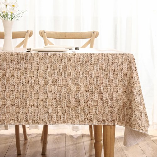 HRNJJYP Heavy Duty Vinyl Tablecloth with Flannel Backing Waterproof Oil-Proof Plastic Table Cloth Stain-Resistant Wipeable Rectangle or Square Table Cover for Dining, Camping (Weaving, 60X84 Inch)