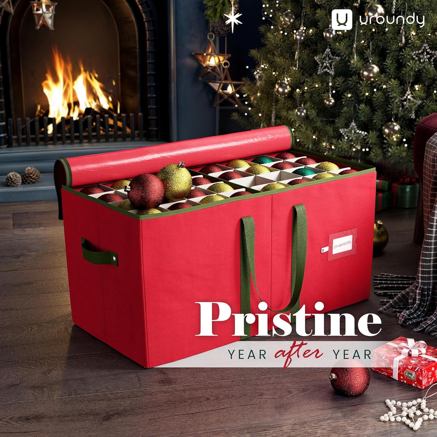 Regine Switzerland Christmas Ornament Storage Box - Red Organizer for 128 Ornaments with Dividers & Handles