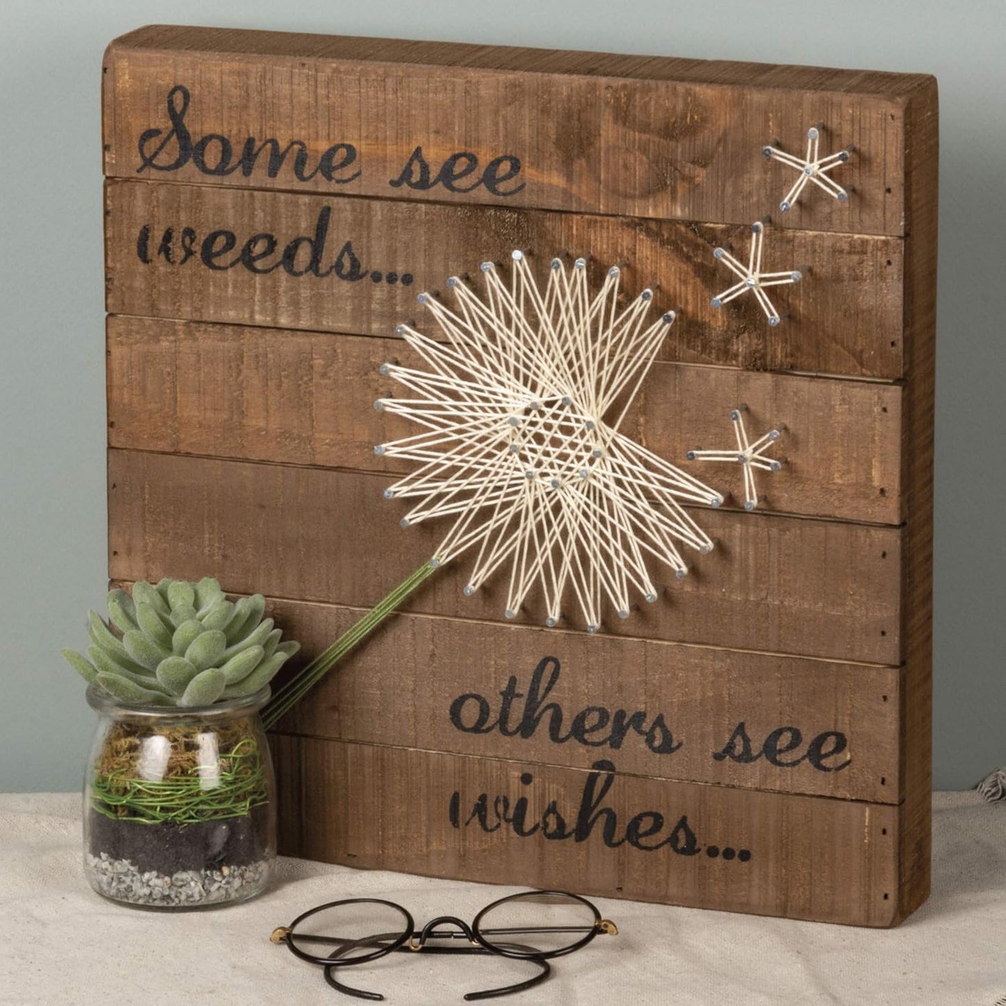 Family Tied Together Distressed Wood Sign - Hand-Strung Heart Wall Art & Desk Decor