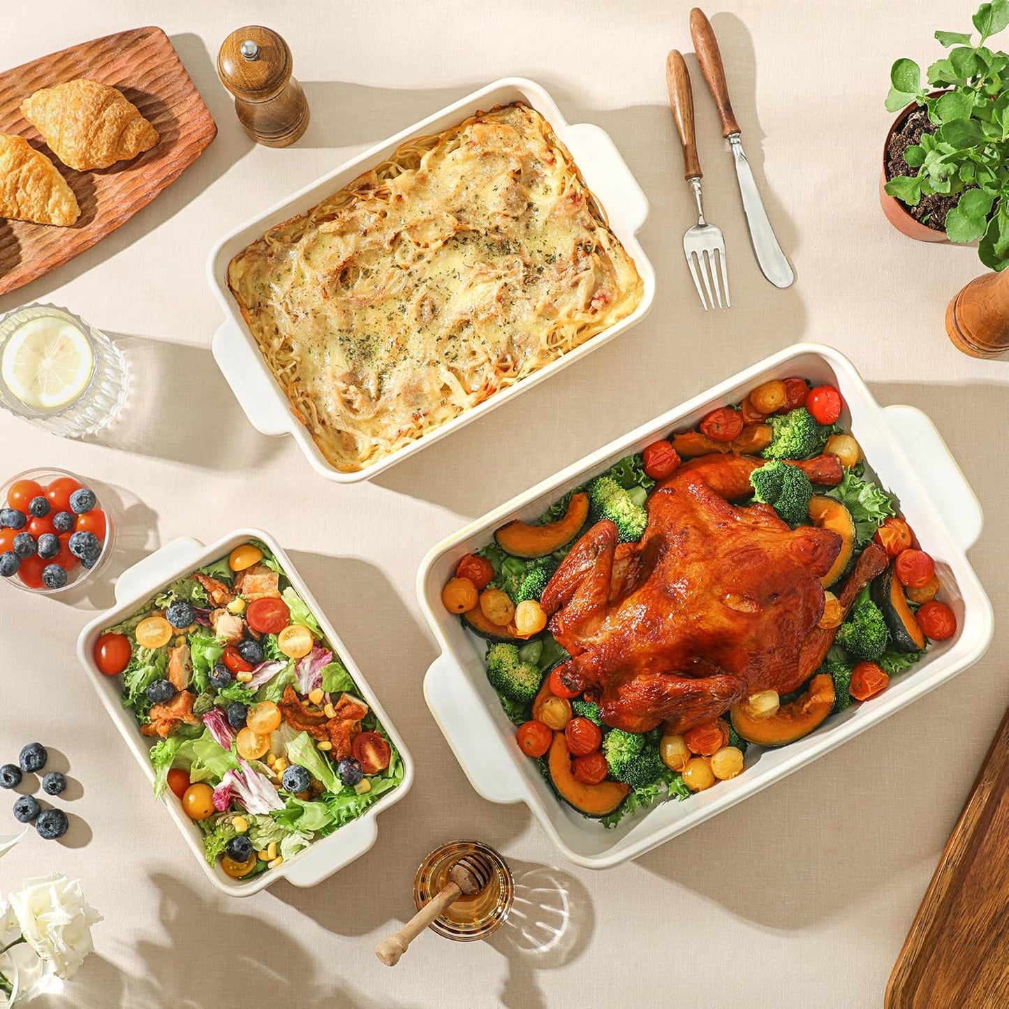 Regine Switzerland Casserole Dishes Set - Ceramic Baking Pans for Oven | 3 Rectangular Sizes (15.4''/12.3''/9.8'')