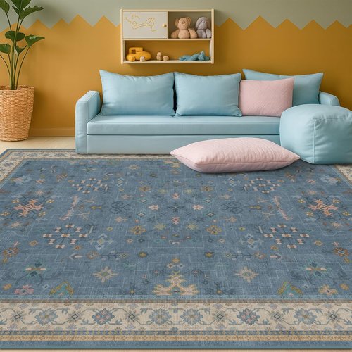 Boho 6x9 Living Room Rug - Modern Dark Blue Lightweight Washable Carpet for Dining & Bedroom Décor