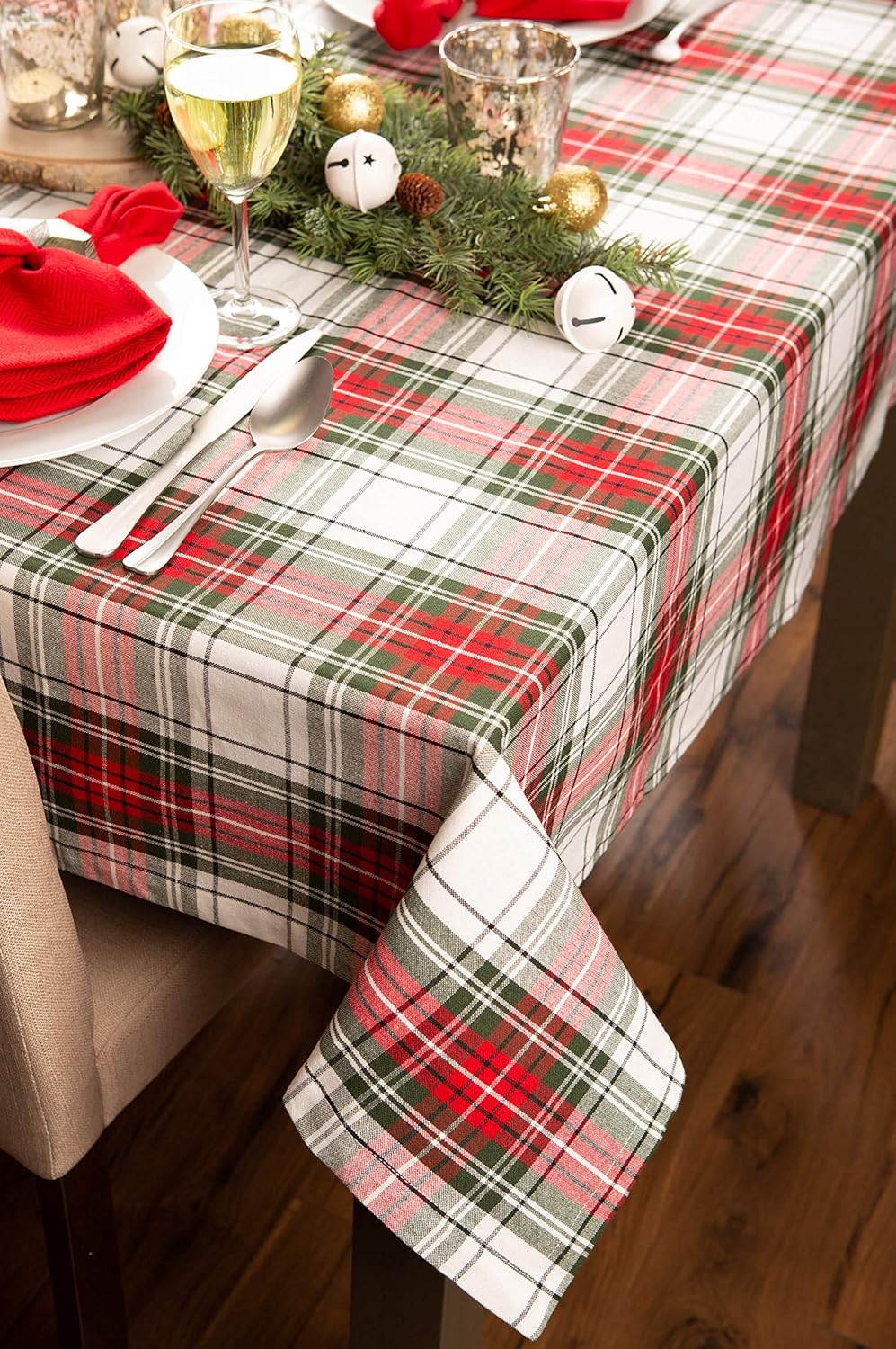 Tartan Plaid Christmas Tablecloth - 52x52 Square Holiday Décor in Red, Green & White