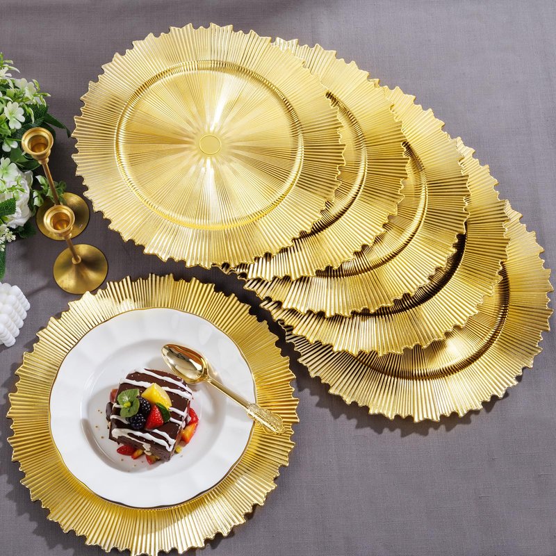 EI 20pcs Gold Charger Plates Bulk 13inch Plastic Chargers for Dinner Plate Disposable Golden Flash Reef Charger Plates Table Chargers for Family Party Wedding Birthday Afternoon Tea Decoration