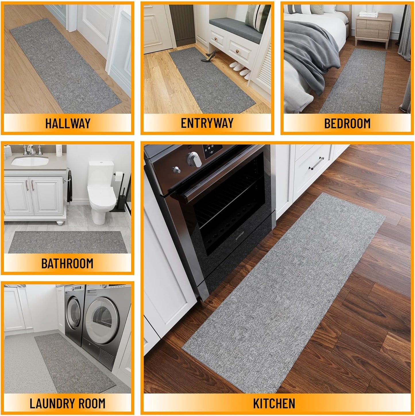 Ottomanson 20" x 59" Ultra-Thin Hallway Runner Rug - Durable Non-Slip Carpet for High-Traffic Areas - Fits Under Doors for Seamless Entry - Ideal for Kitchen, Entryway, Bedroom & Living Room, Gray