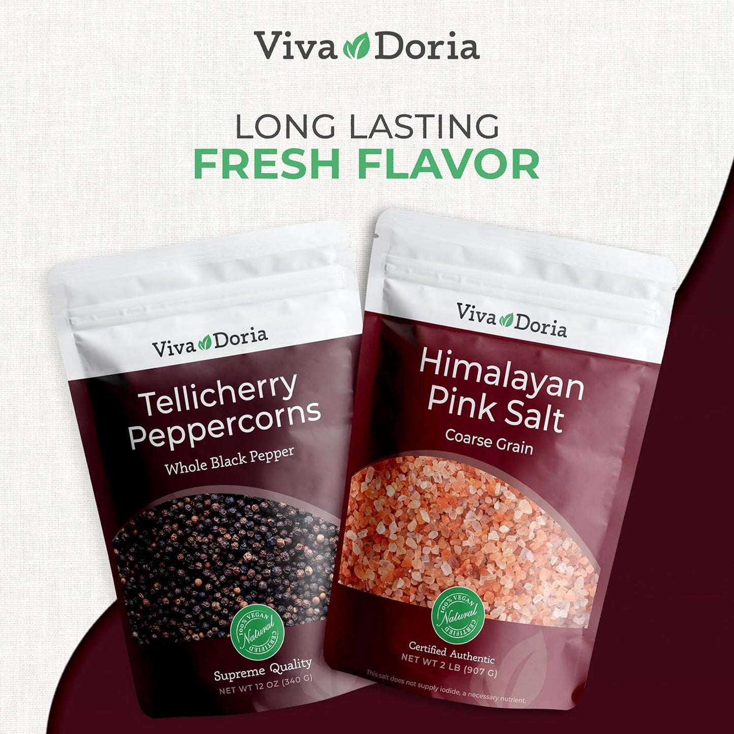 Viva Doria Tellicherry Whole Black Peppercorns & Himalayan Pink Salt - Coarse Grain, 2 lb | Perfect Grinder Refill Set