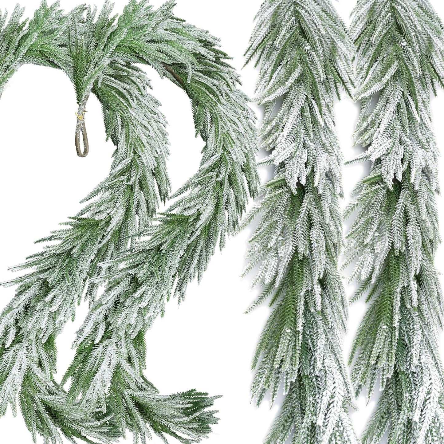 Snow Flocked Norfolk Pine Garlands, 108 Inch Real Touch Winter Pine Garland, Green Artificial Greenery Garland for Table, Mantle, Wall, Indoor, Outdoor Christmas Decorations