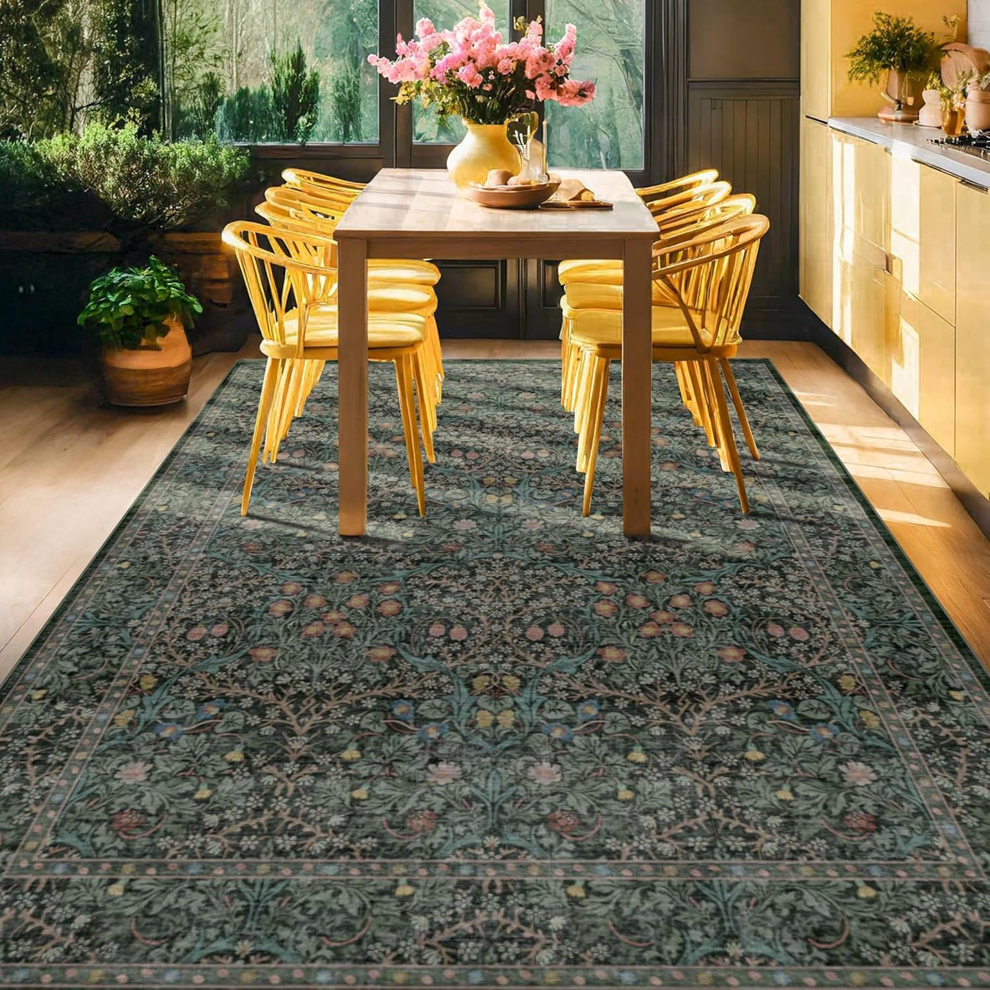 Skiennix Vintage Dark Green Area Rug - Washable 8x10 Stain Resistant Carpet for Living Room & Dining Room