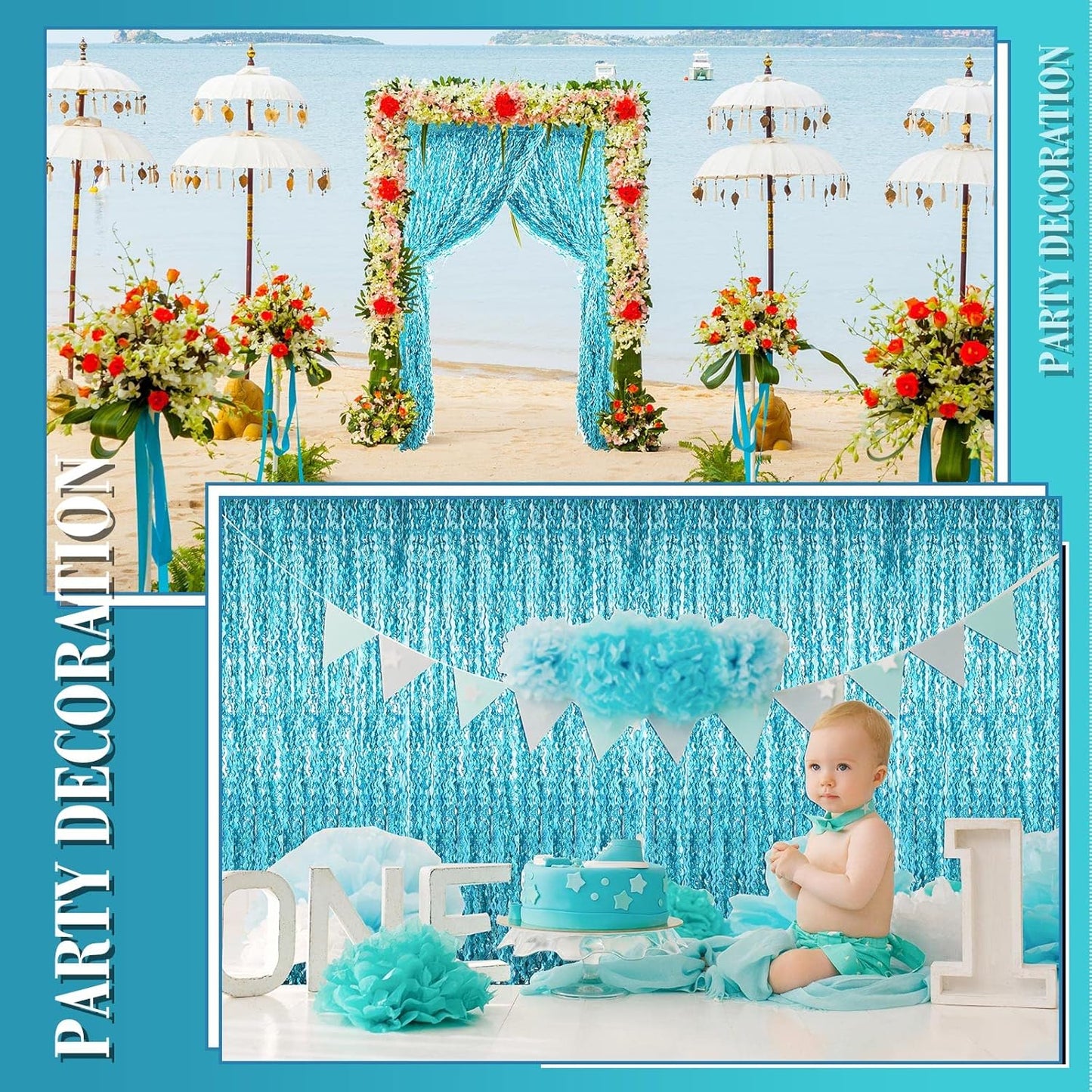 Skiennix Foil Fringe Backdrop - 10 Pieces 3.3 x 6.6 Ft Tinsel Curtain for New Year & Carnival Parties | Blue Green