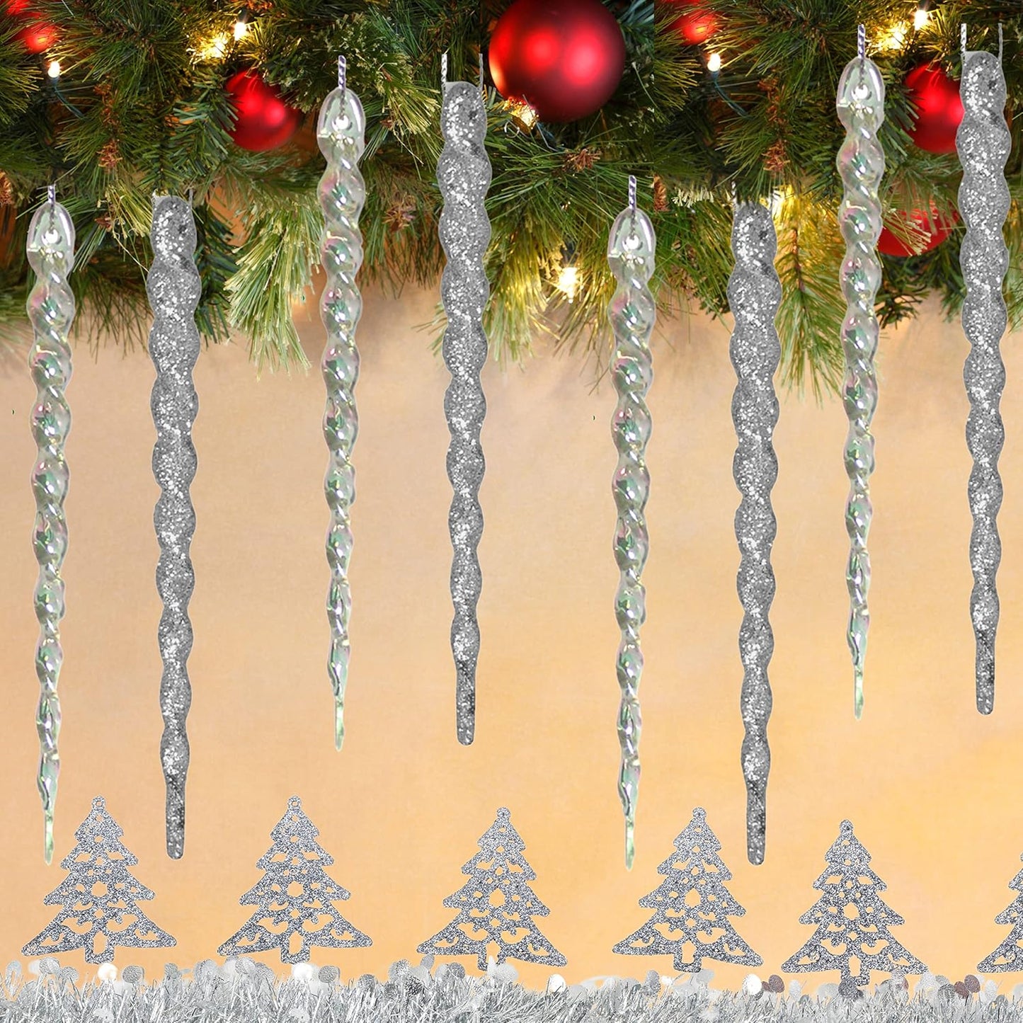 48-Piece Shatterproof Icicle Ornaments Set for Christmas Trees - 24 Glitter Silver & 24 Clear Iridescent - 5” Long