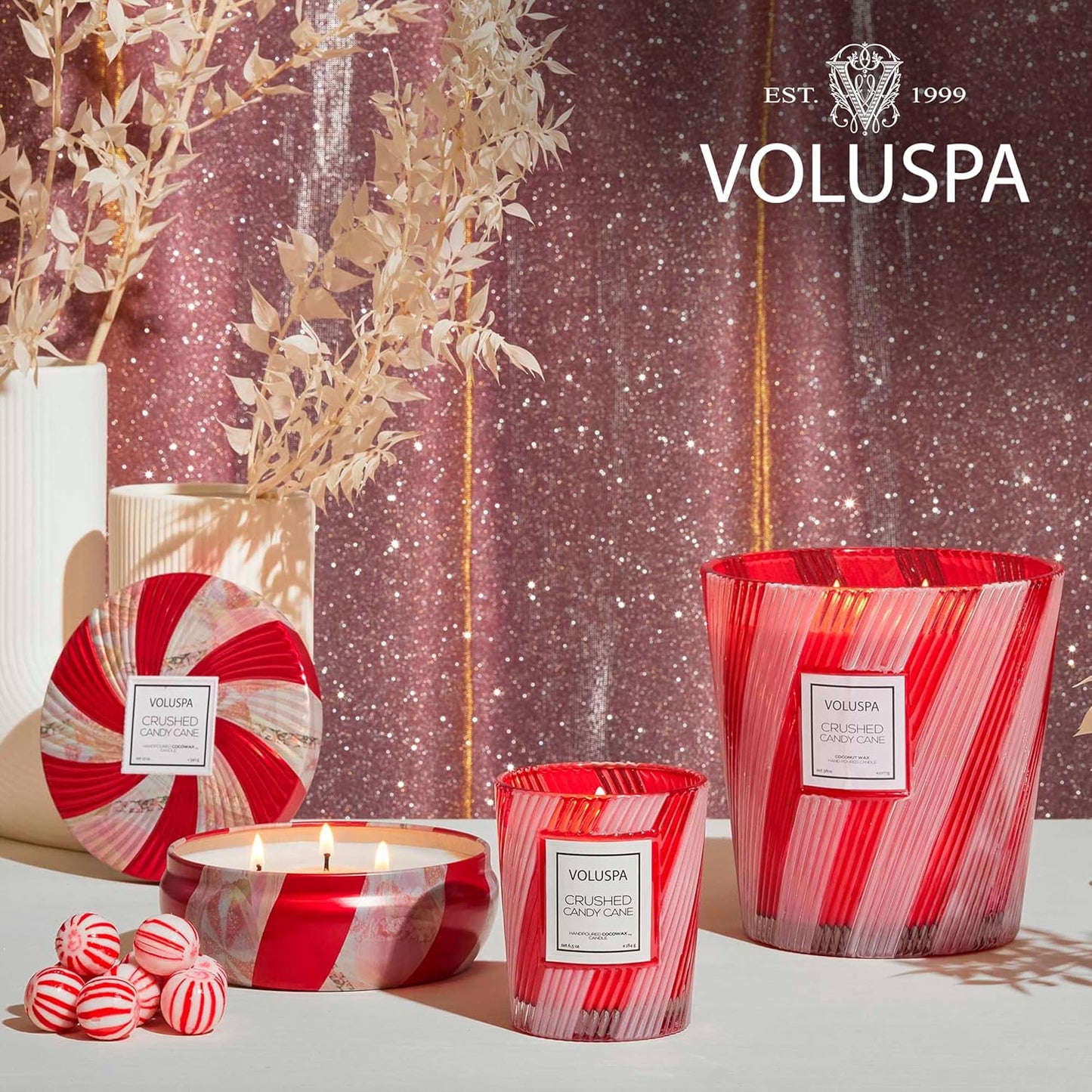 Voluspa Crushed Candy Cane Candle, Large Jar, 18 Oz, 100 Hour Burn Time, Coconut Wax, Holiday Candle
