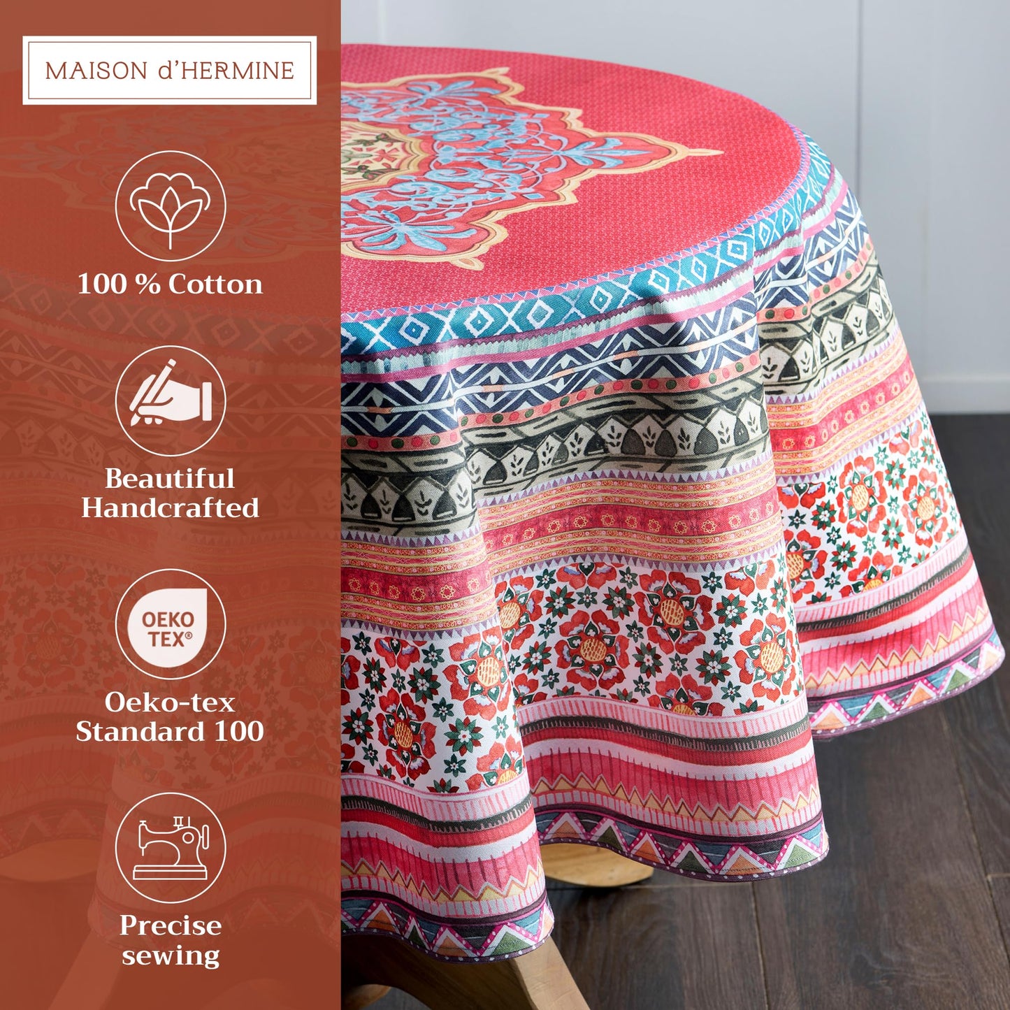 Maison d' Hermine Table Cloth Round Table 100% Cotton 63 Inches Fall Tablecloth Reusable Everyday Use for Thanksgiving Christmas Decorations Dining Farmhouse Party (Ispahan)