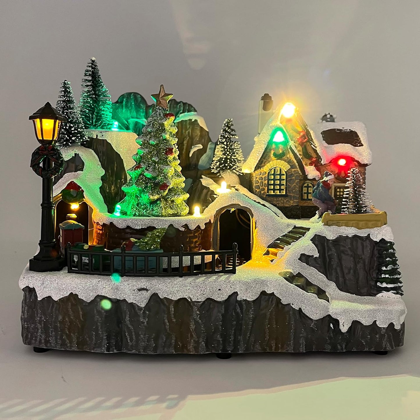 allgala Christmas Village House Crafted Polyresin Christmas House Collectable Figurine with USB and Battery Dual Power Source-Moving Train and Santa-XH93447