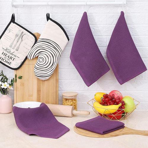 Homaxy Kitchen Dish Cloths - Ultra Soft 100% Cotton Waffle Weave | Quick Drying, 12x12 Inches, 6-Pack, Purple