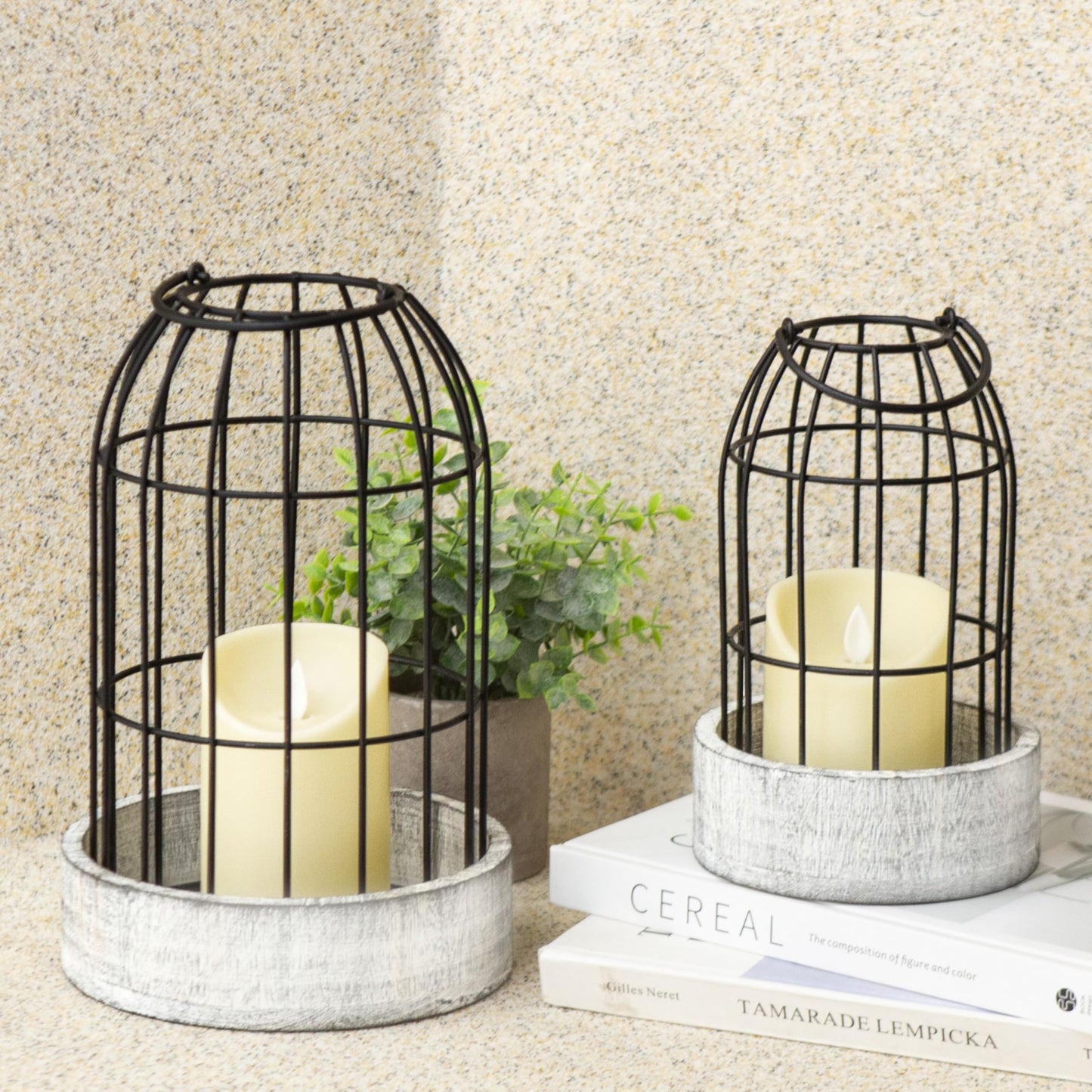 Perfnqiue Farmhouse Lantern Decor, Candle Lantern Decorative for Home Decor, Rustic Lantern Candle Holder Set of 2 for Living Room, Wooden Centerpieces for Kitchen Dining Table, Ideal Gift (White)