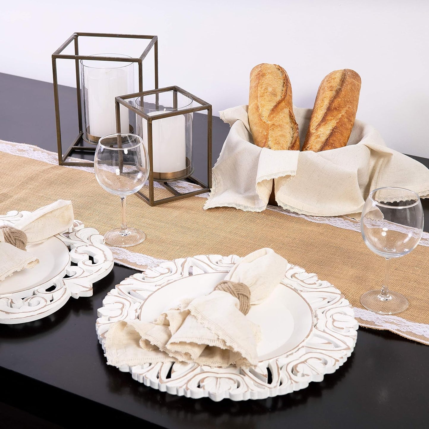 Jute Table Runner Set - 2 Pack Natural Burlap with White Lace Trim, 12x108 in for Fall & Holiday Dining