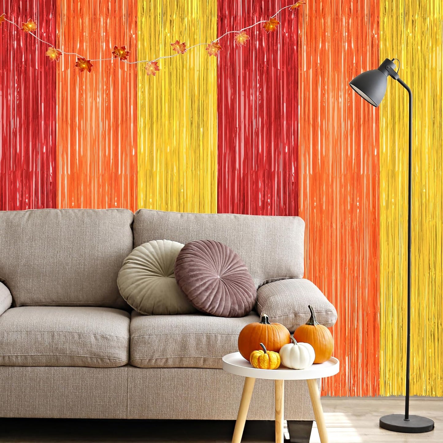 Regine Switzerland Thanksgiving Backdrop - 2 Pack Red Orange Gold Metallic Fringe Curtains | 3.28 FT x 7.05 FT Party Decor
