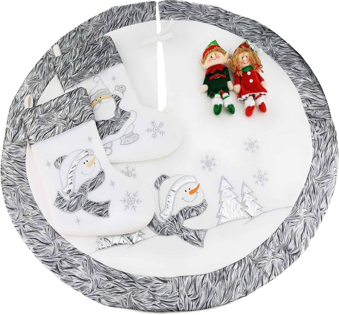 Luxury 36'' Snowman Christmas Tree Skirt - Silvery White Embroidered Snowflake with Satin Border