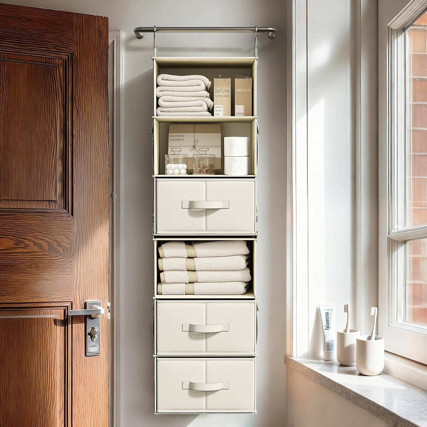 Vailando 6-Shelf Hanging Closet Organizer - 3 Drawers & 2 Separable Units | Beige Wardrobe Storage Solution