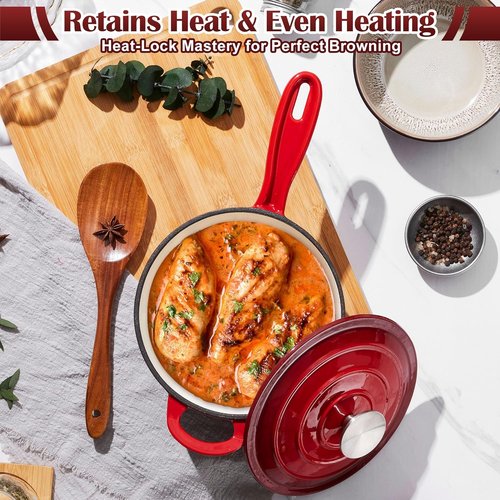 E-far Enameled Cast Iron Saucepan Set - 1Qt & 2Qt Heavy Duty Pots with Self-Basting Lids | Induction-Ready, Easy Clean, Red