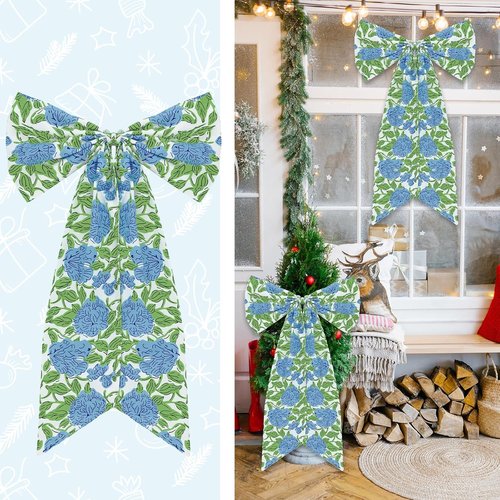 HunnmingRe Hydrangea Bow Wreath Sash - 24 x 16 Inch Holiday Floral Decor for Front Door | Blue Green