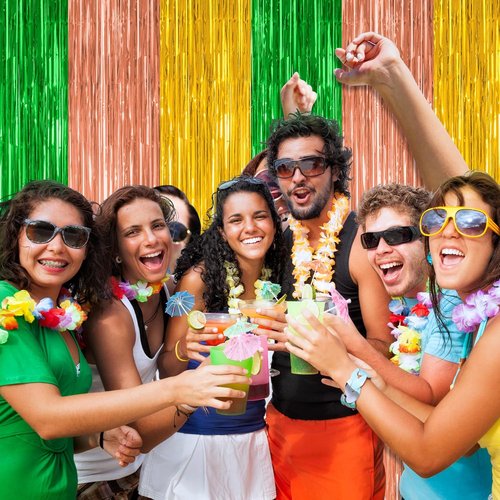 Hawaiian Party Decorations - 4 Pack Tinsel Backdrop | 3.28 FT x 7.05 FT Green, Brown, Yellow Foil Curtains