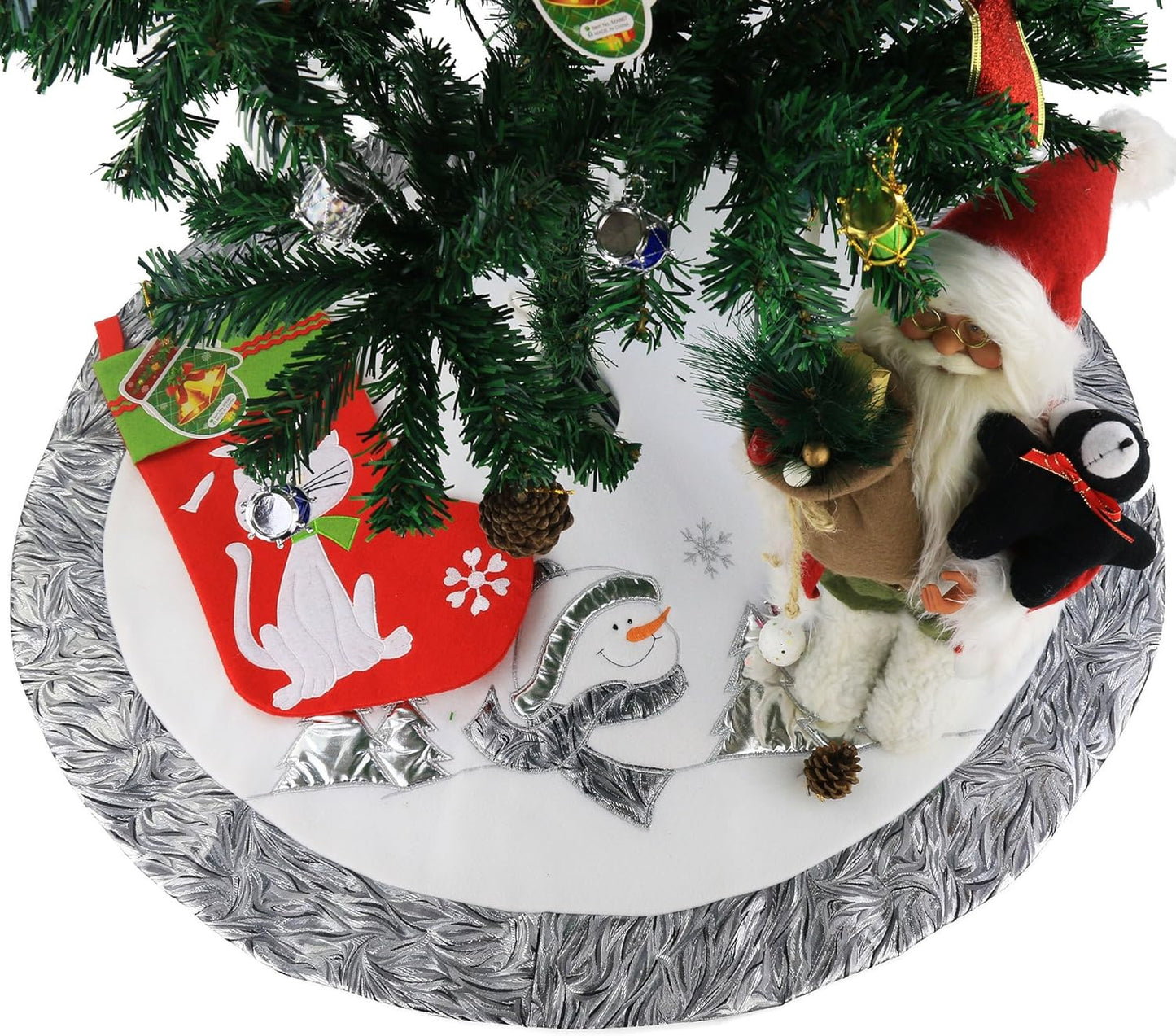 Luxury 36'' Snowman Christmas Tree Skirt - Silvery White Embroidered Snowflake with Satin Border