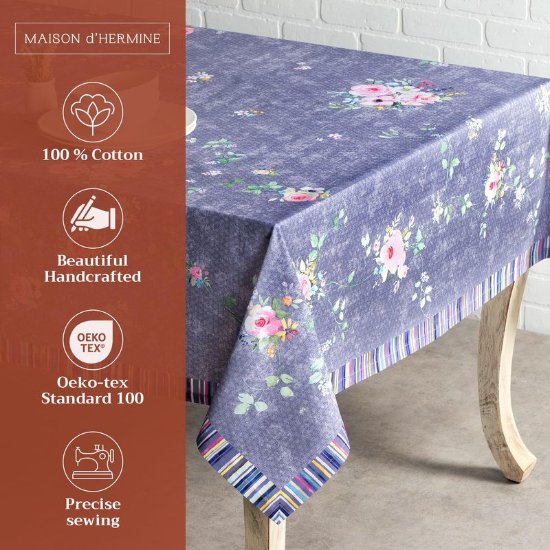 Maison d' Hermine Table Cloth Square Table 100% Cotton 60 x 60 Inches Tablecloth Reusable Decorative for Dining Kitchen Home Gifts for Mothers Day Spring Summer- Sweet Rose Lavender - Country Garden