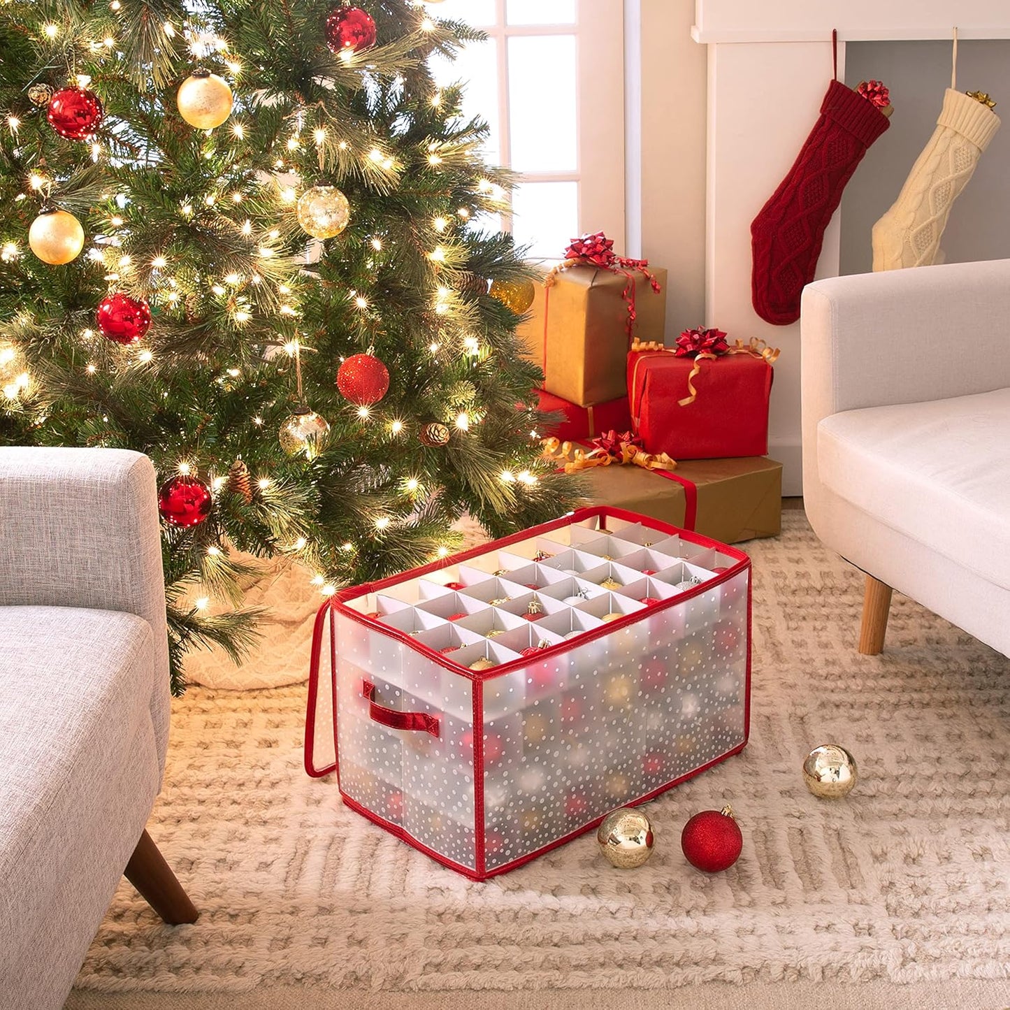 Ornament Storage Organizer for 112 Ornaments | Zipper Closure | Space-Saving Red Design