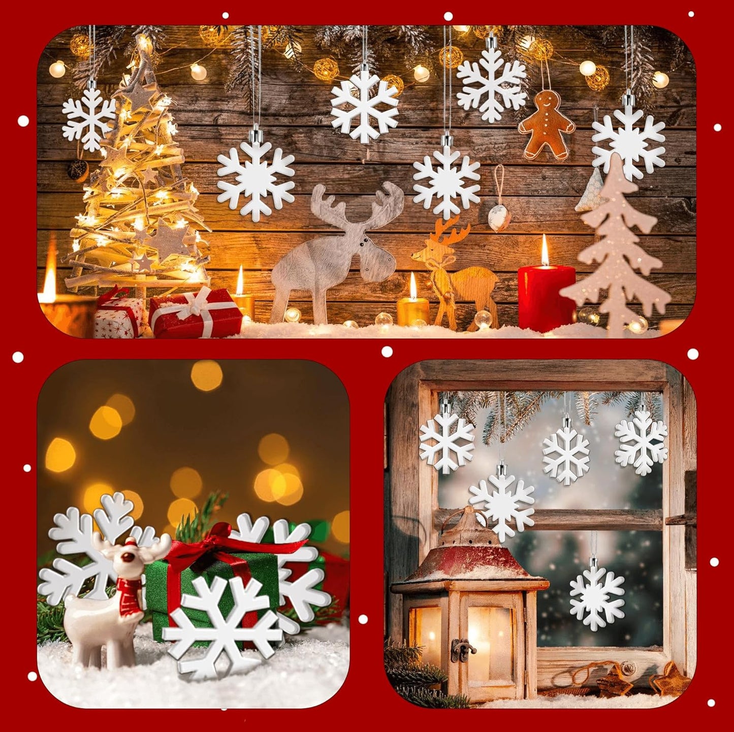 Skiennix 24 Pcs Snowflake Hanging Ornaments - White Plastic Decorations for Christmas Trees & Winter Decor