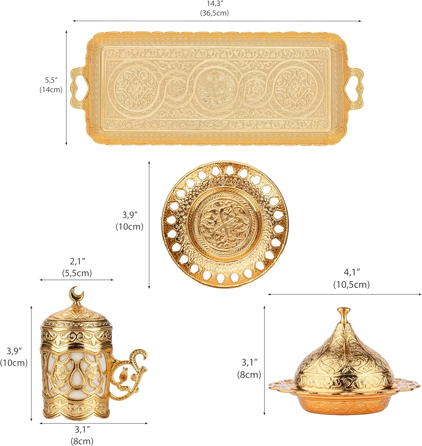 Alisveristime Ottoman Turkish Greek Arabic Espresso Coffee Cups with Saucer and Lid (Set of 2) (Hilal) (Silver)