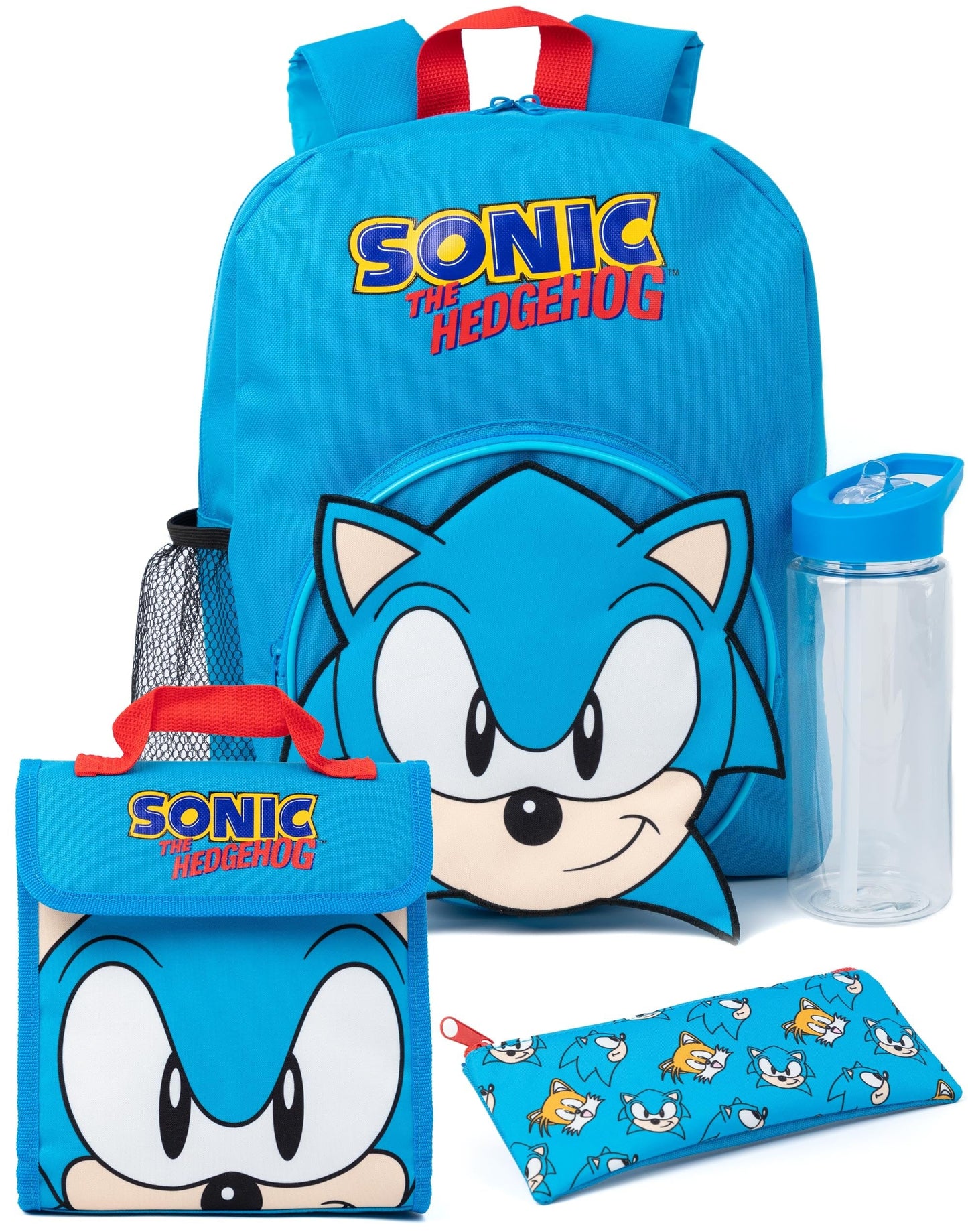 Sonic The Hedgehog Boys Backpack Set | Kids 4 Piece Blue Rucksack Set with School Bag, Pencil Case, Lunch Bag & Water Bottle | Sonic Gamer Complete Matching Bundle | Back to School Gifts for Children,