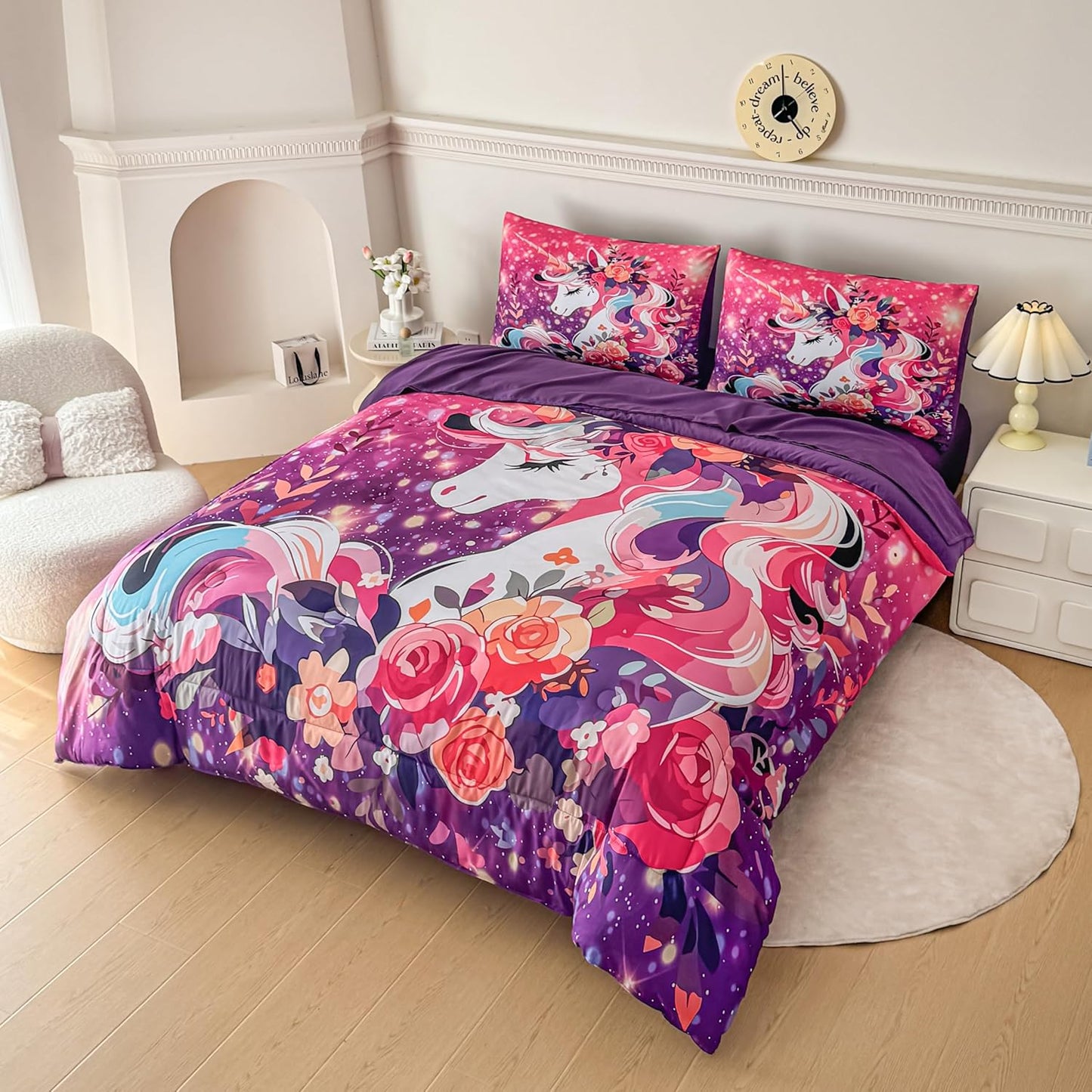 Peopleareok Unicorn Full Comforter Set for Girls Kids, Cute Pink Purple Unicorn Print Bedding Set Full, 5-Piece Bed in a Bag, Kids Cartoon Kawaii Comforter with Sheet Set