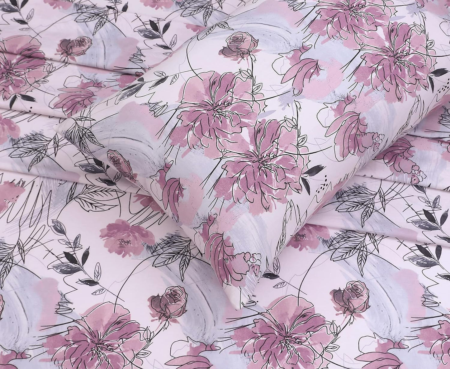 Ruvanti 100% Cotton Full Size Bed Sheet Set - Soft Lilac Floral Print | 4-Piece Cooling Bedding with Deep Pockets