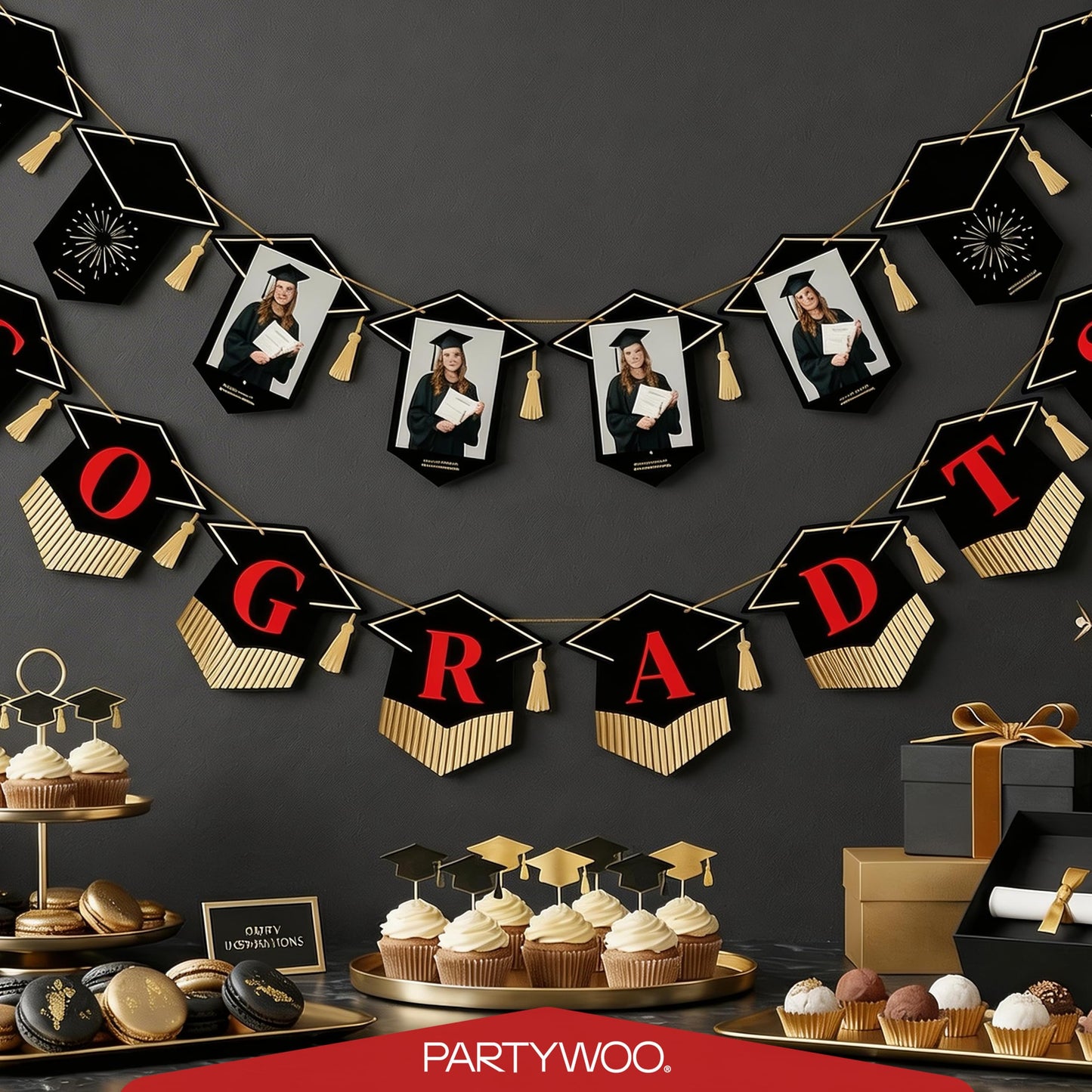 PartyWoo Class of 2026 Black and Red Graduation Banner Decorations 2pcs Black Red 2026 Hanging Congrats Grad Party Banner Supplies for Middle High School College Graduation Party Decorations