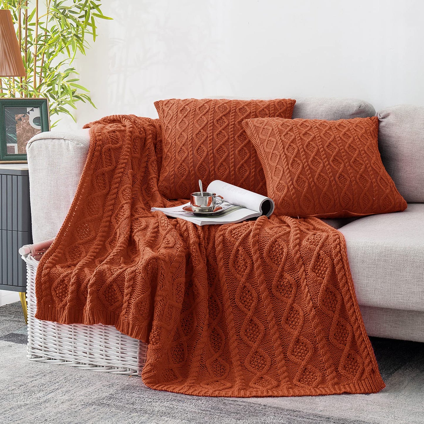 Homiest Cable Knit Throw Blanket and Pillow Set, Rust Throw Blanket Set of 3, Knitted Throw Blanket (50"x60") & 2 Pillow Covers (18"x18"), Soft & Cozy Decorative Throw Blanket for Couch Bed Sofa