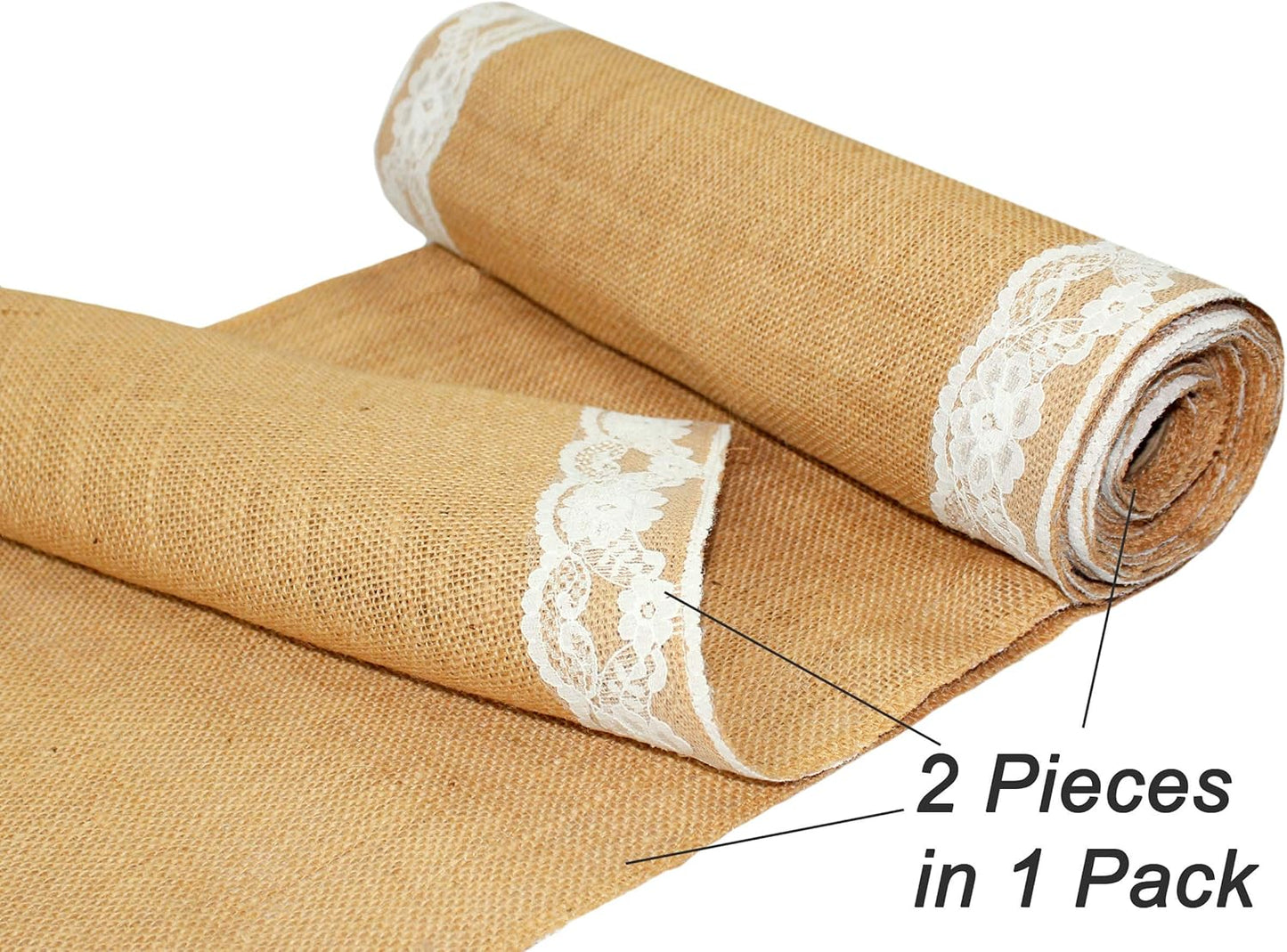 Jute Table Runner Set - 2 Pack Natural Burlap with White Lace Trim, 12x108 in for Fall & Holiday Dining