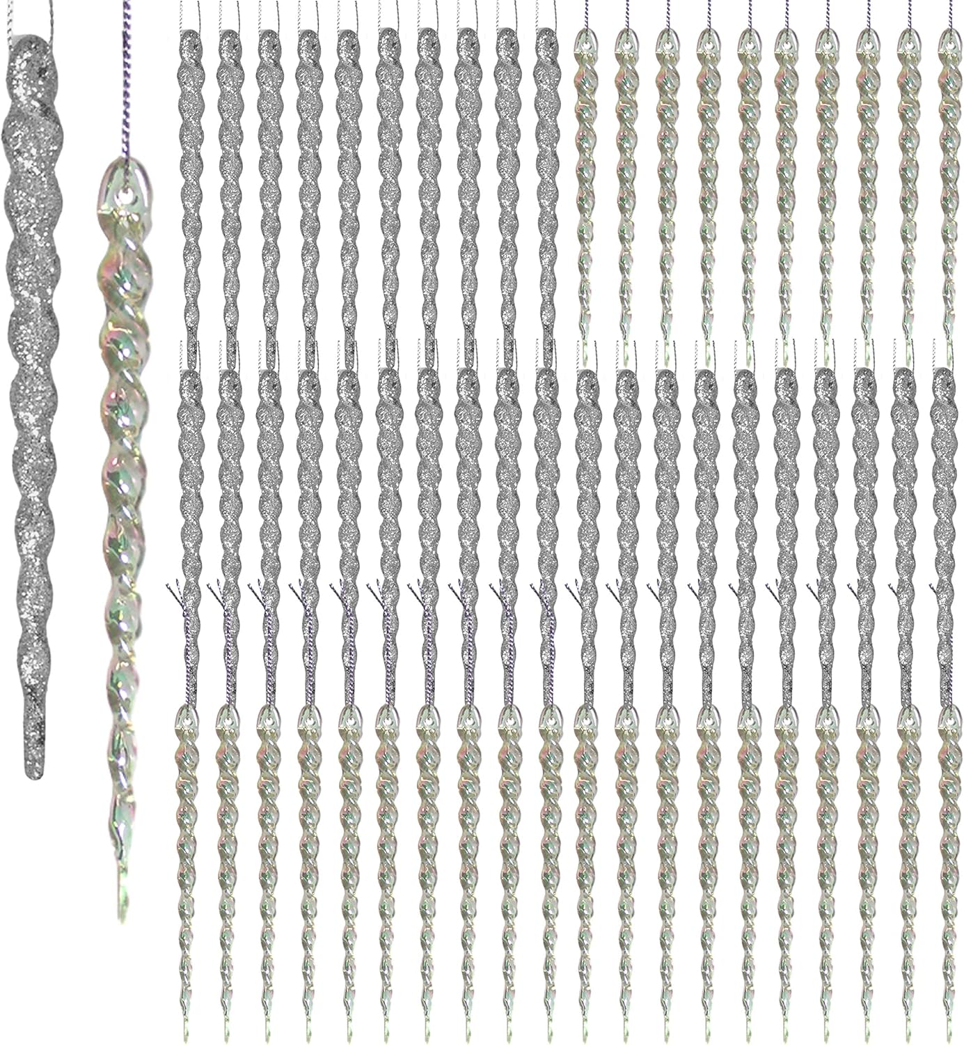 48-Piece Shatterproof Icicle Ornaments Set for Christmas Trees - 24 Glitter Silver & 24 Clear Iridescent - 5” Long