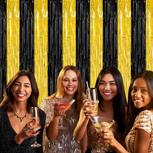 2 Pack Skiennix Graduation Backdrop - Black and Gold Foil Fringe Curtains | 3.28 FT x 7.05 FT Class of 2026 Party Decorations