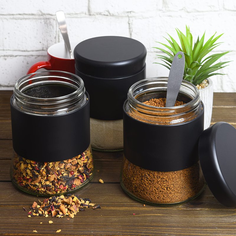 GADGETWIZ Sugar Tea Coffee Containers Set, Black Canisters for Kitchen, Stainless Steel Apothecary Jar, Home Décor Centerpiece Decorative Kitchen. 26 OZ