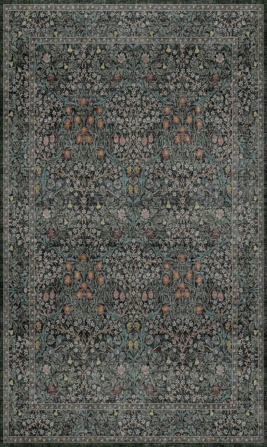 Vintage Floral Area Rug - Dark Green 3x5 Non-Slip, Ultra Soft & Stain Resistant for Entryway, Kitchen, Bedroom