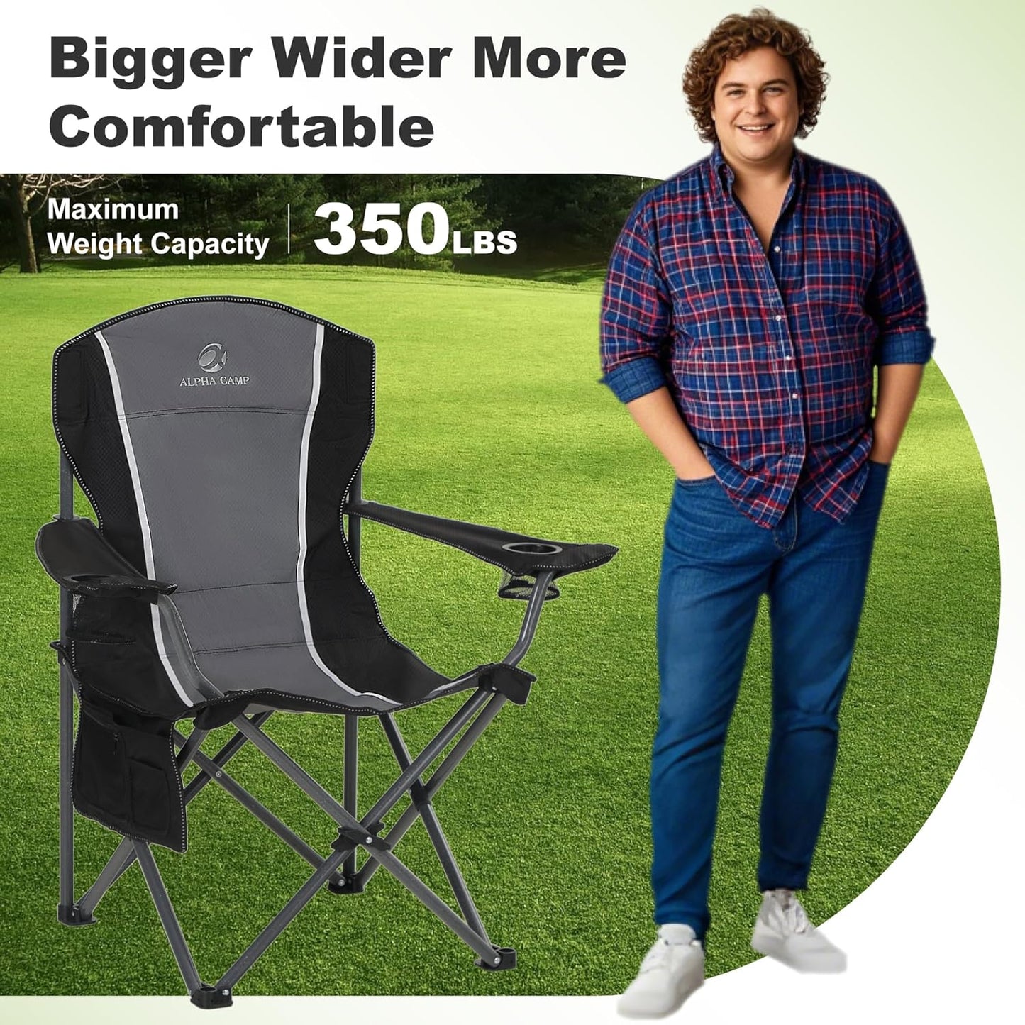 LET'S CAMP Oversized Camping Chair - Heavy Duty 350 LBS Capacity, 2 Pack with Cup Holder & Storage Bag | Grey