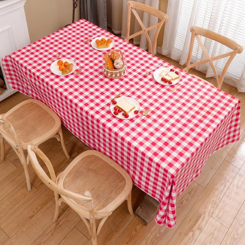 Heavy Duty Vinyl Tablecloth with Flannel Backing Waterproof Oil-Proof Plastic Table Cloth Stain-Resistant Wipeable Rectangle or Square Table Cover for Indoor and Outdoor (Red Checkered, 60x102 Inch)